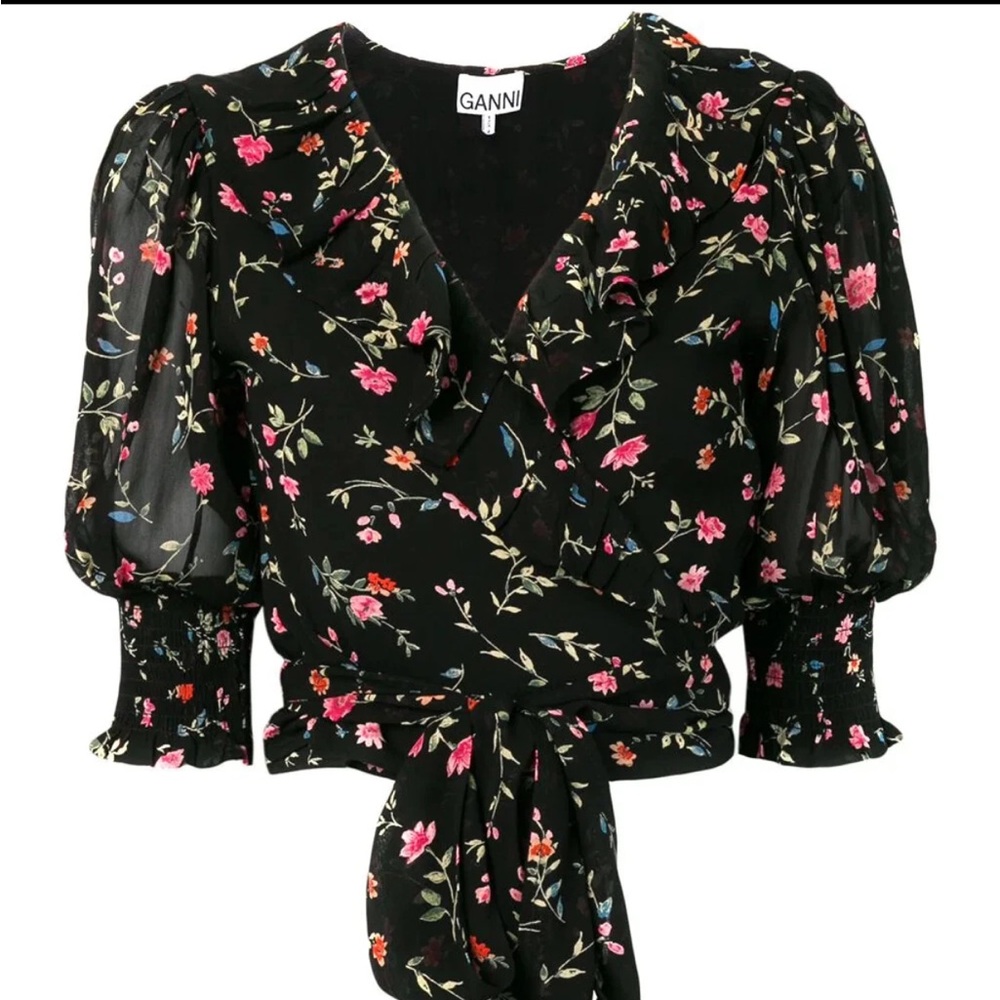 Ganni Elm Print Georgette Wrap Blouse